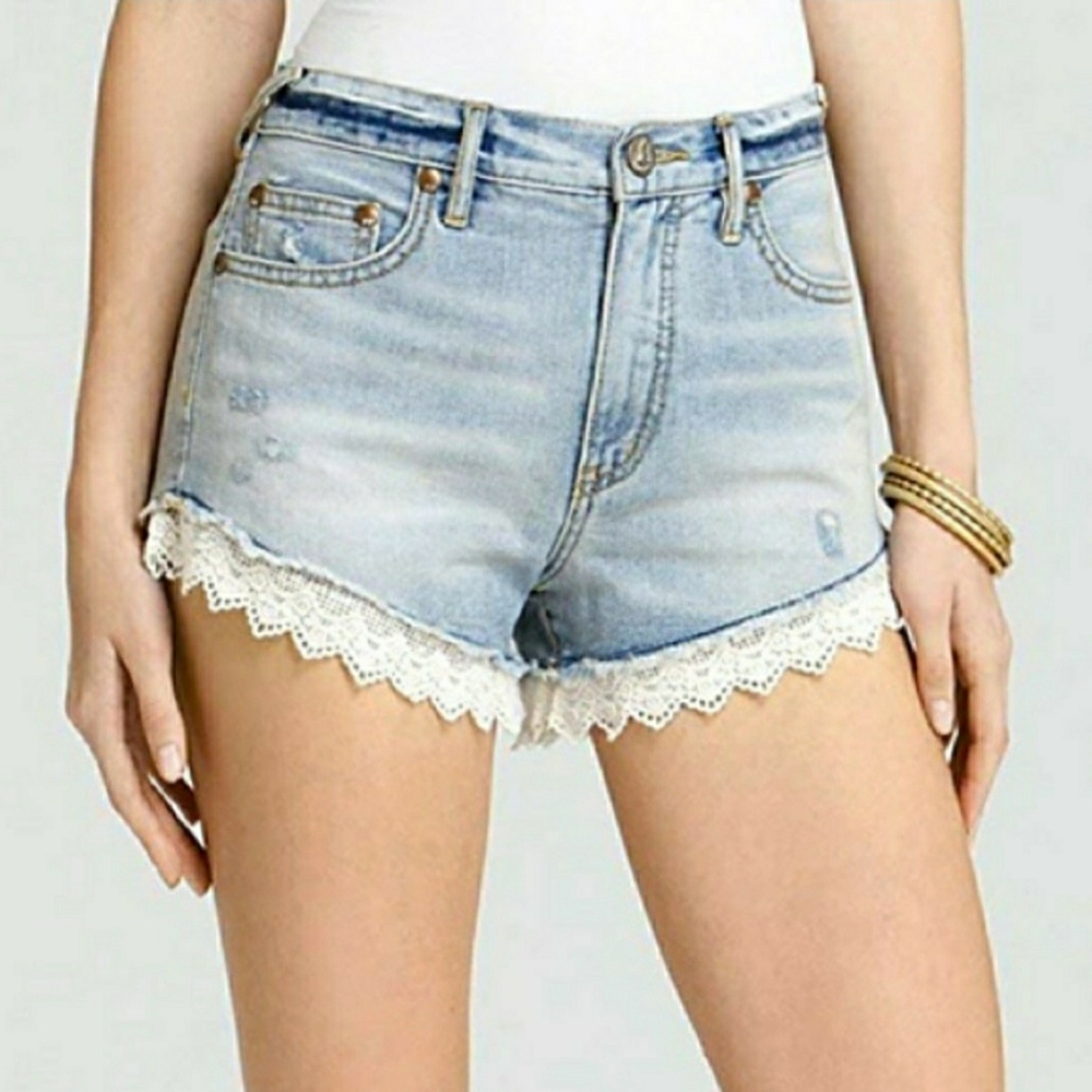 Free People Lace Hem Distressed High Rise Jean Shorts